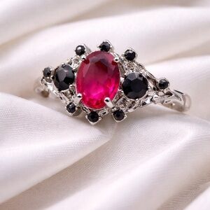 Vintage Oval Cut Pink Sapphire Ring | Black Diamond Accent Ring